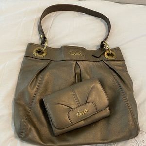 Leather Coach shimmery bronze hobo and wallet